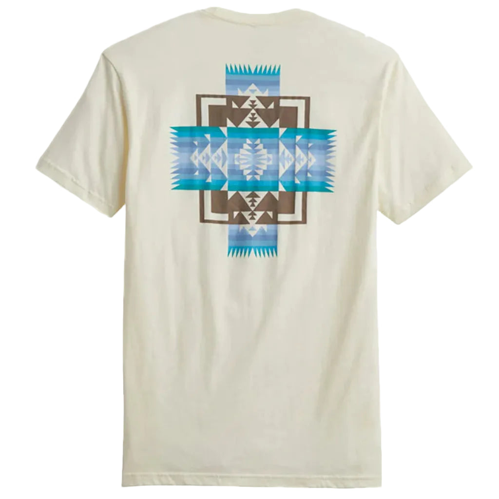 An off-white short-sleeve t-shirt showing the back, which features a large geometric Southwestern-style print in blue, brown, and white.