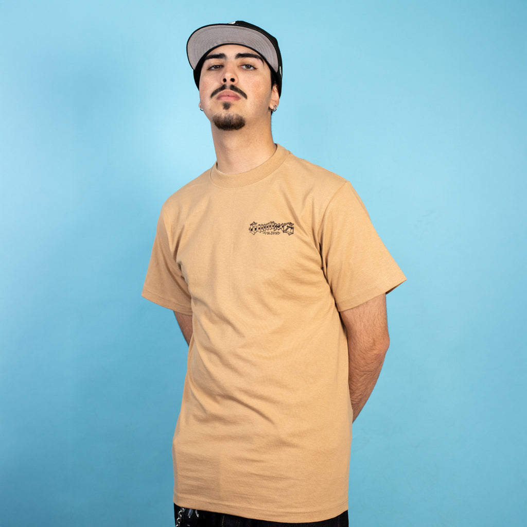 Man wearing a beige t-shirt with a logo on a blue background