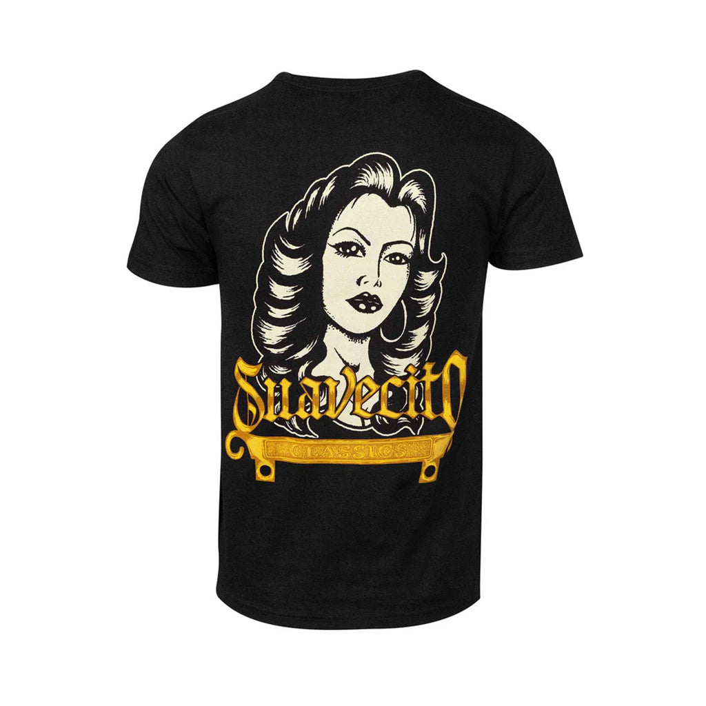 Black t-shirt with a graphic design of a woman's face and 'Suavecito' text on a white background