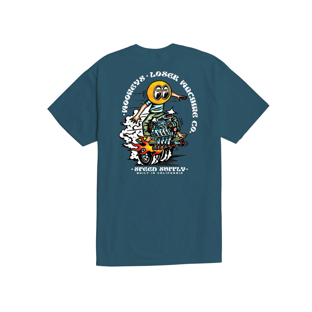 Blue t-shirt with a moon eyes cartoon character and text on the back, on a white background