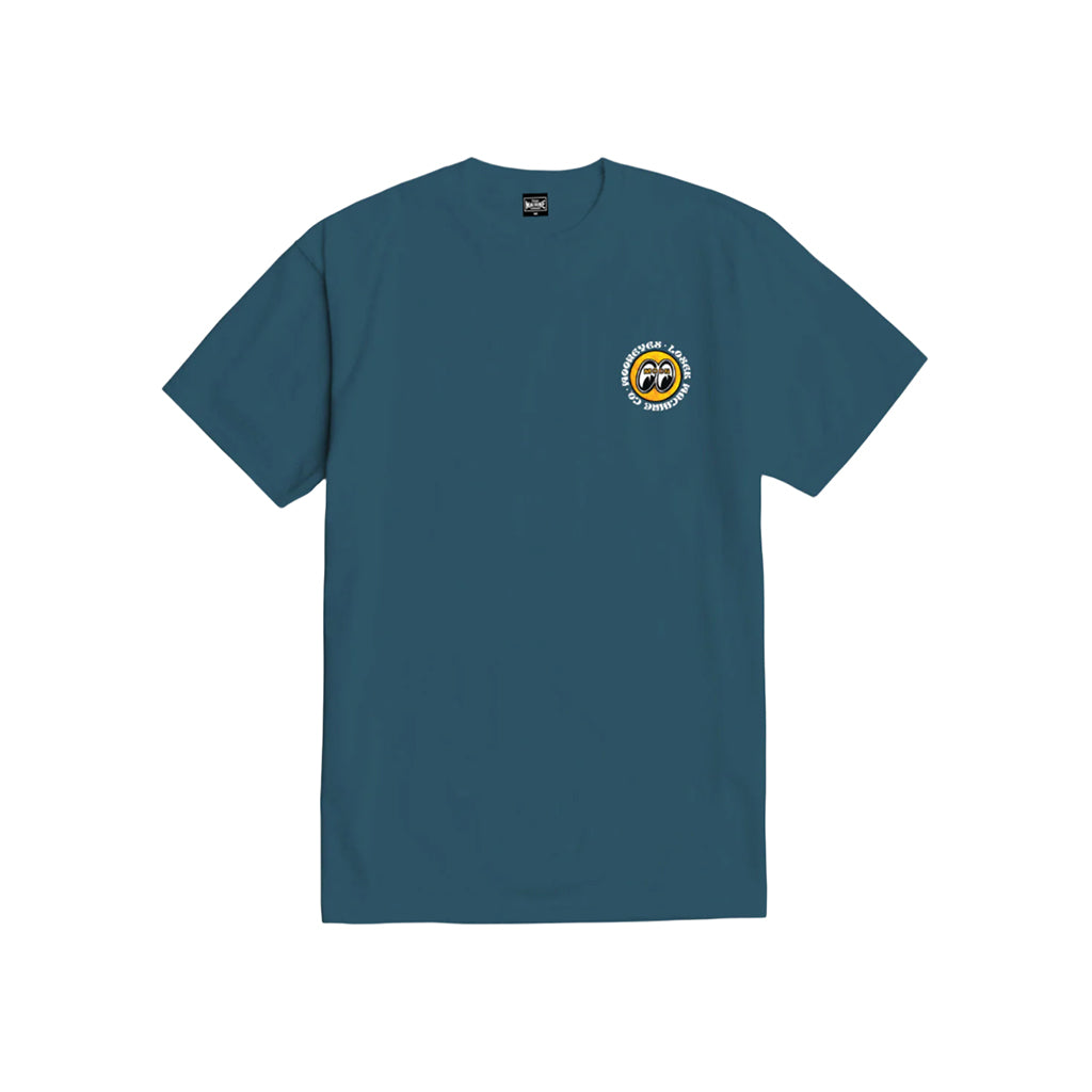 Teal t-shirt with a logo on the chest against a white background