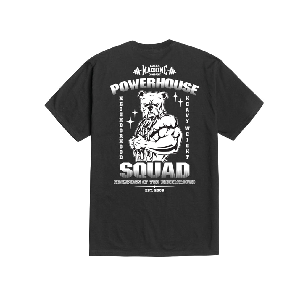 Black t-shirt with white graphic design featuring a pitbull and text on a white background