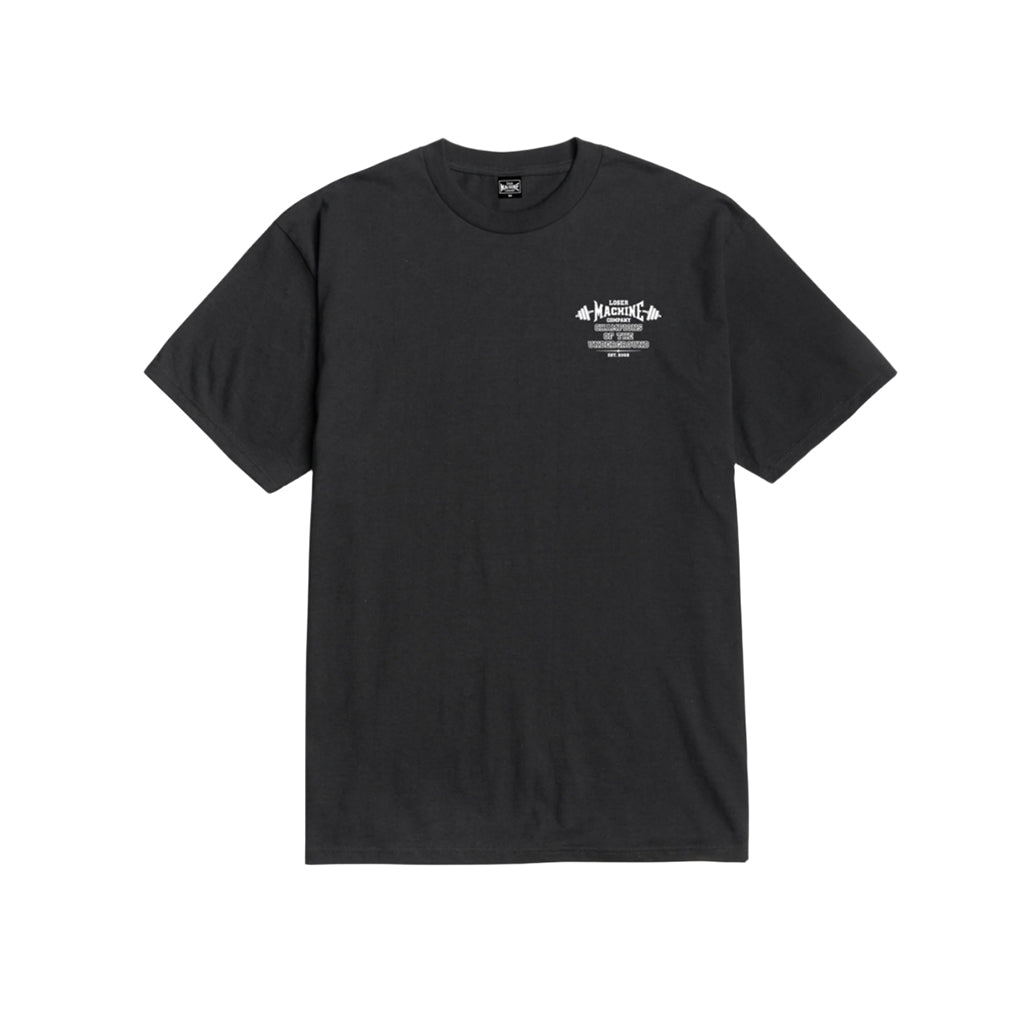 Black t-shirt with a logo on the chest against a white background