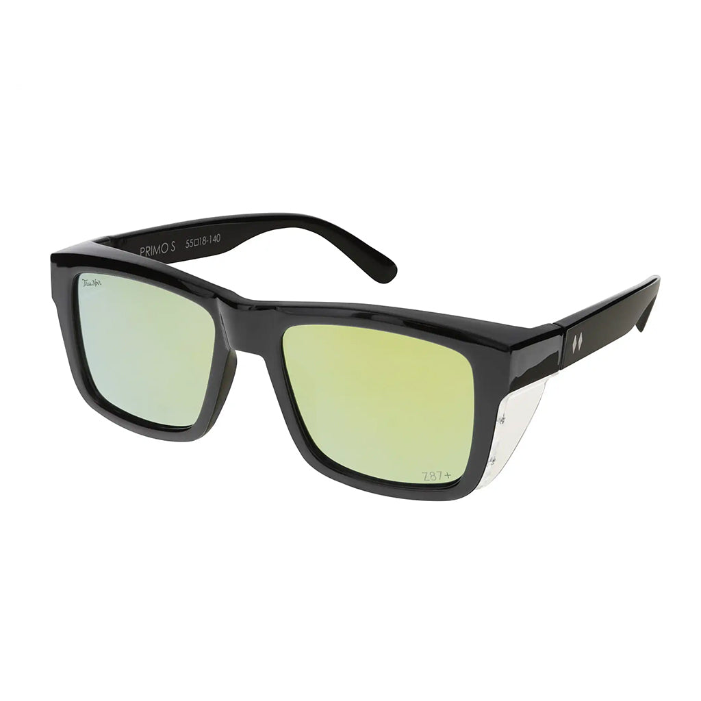 Black sunglasses with gold-tinted lenses on a white background