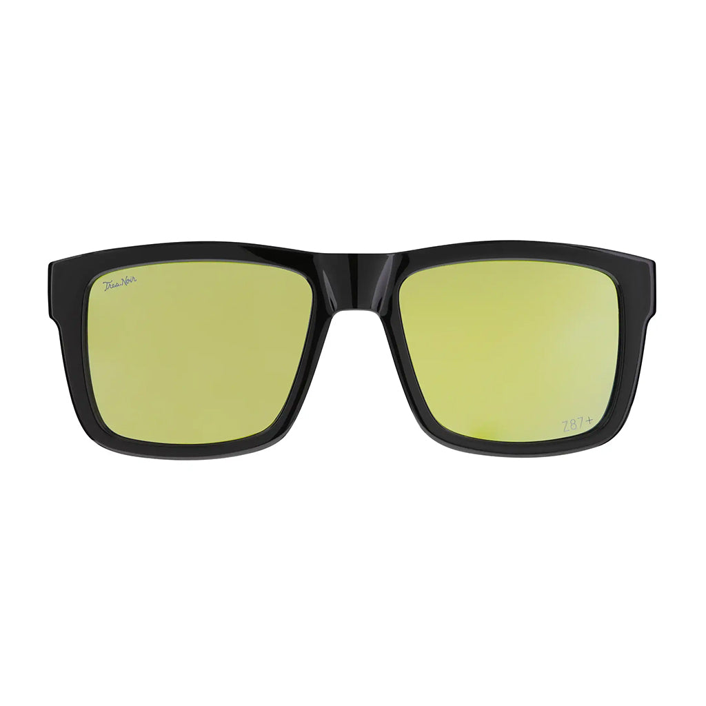 Sunglasses with black frame and gold-tinted lenses on a white background