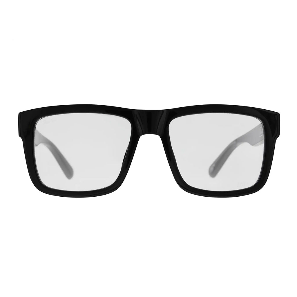 Black sunglasses with clear lenses on a white background