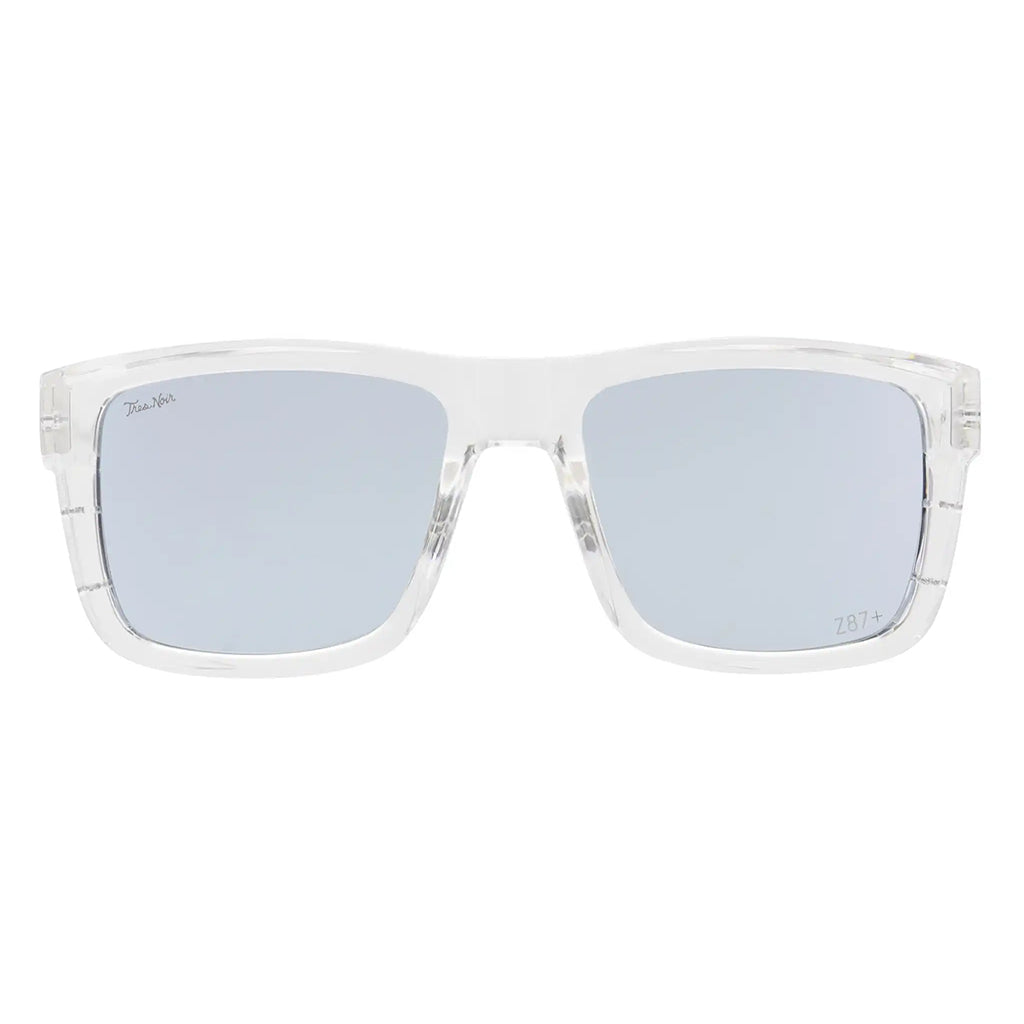 Clear frame sunglasses with blue-tinted lenses on a white background