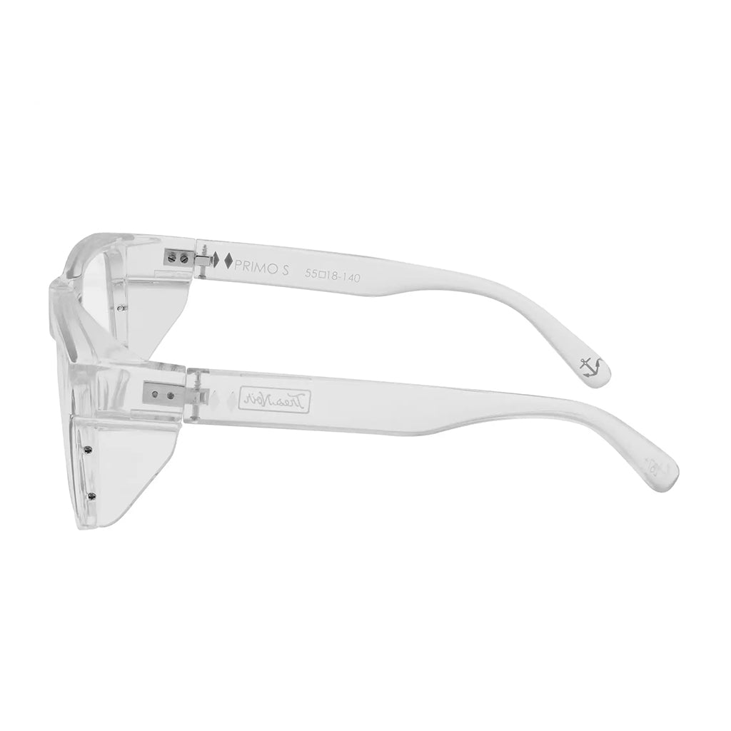 Clear safety glasses with white frames on a white background