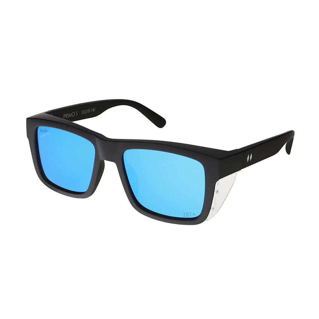 Black sunglasses with blue lenses on a white background