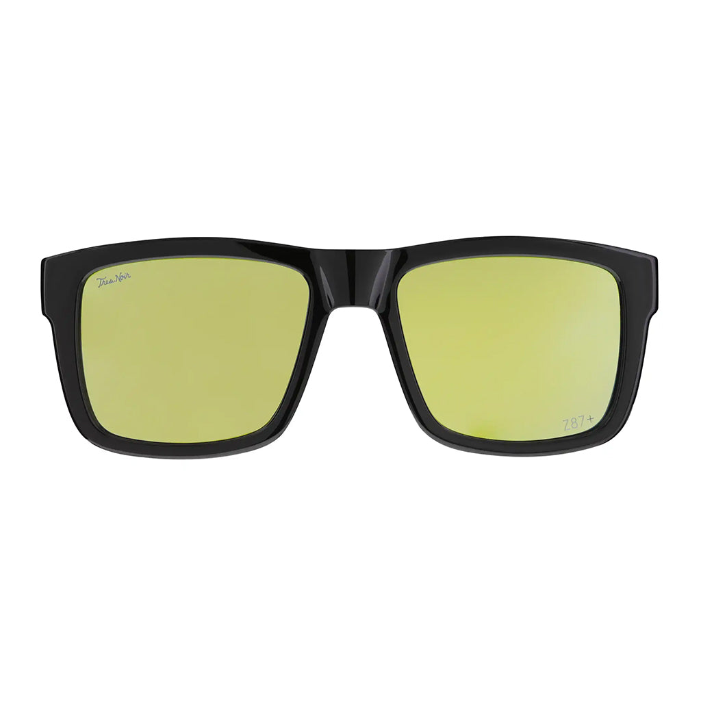 Sunglasses with black frame and yellow-tinted lenses on a white background