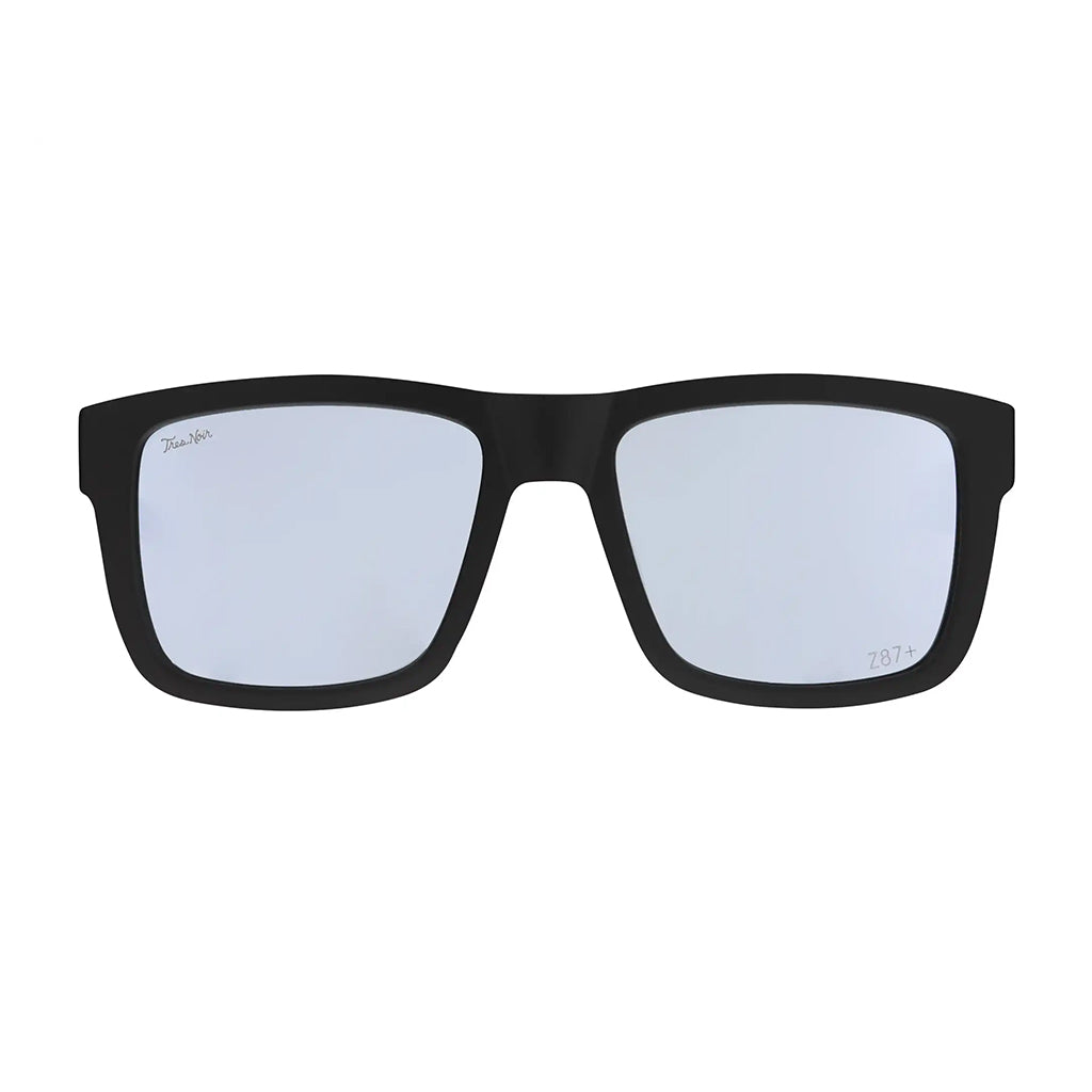 Black sunglasses with reflective lenses on a white background