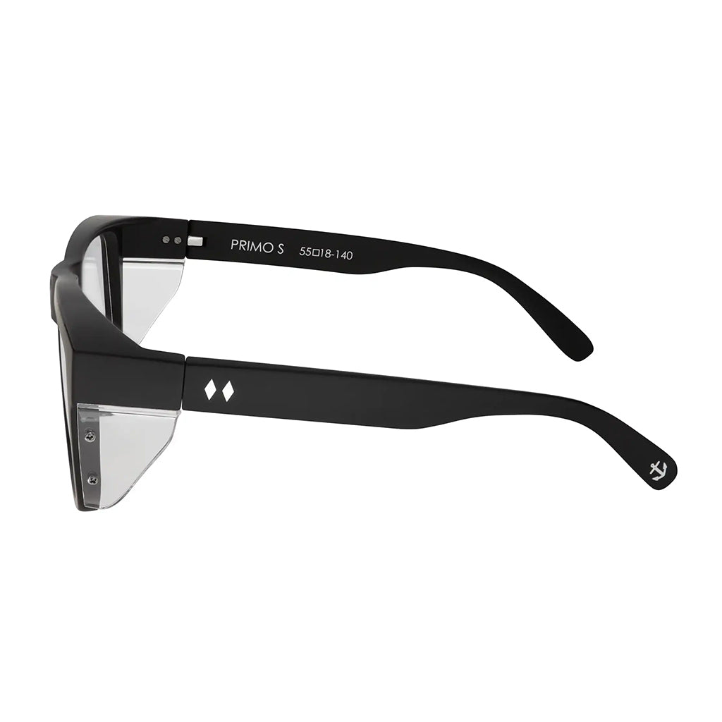 Black sunglasses with clear lenses on a white background