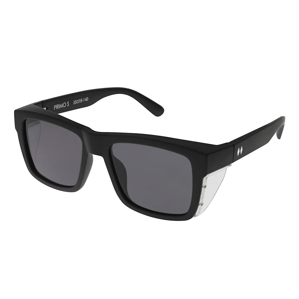 Black sunglasses with dark lenses on a white background