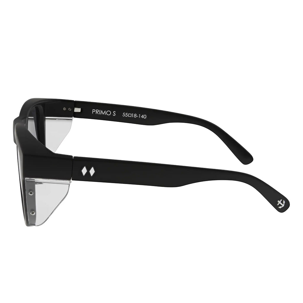 Black sunglasses with reflective lenses on a white background