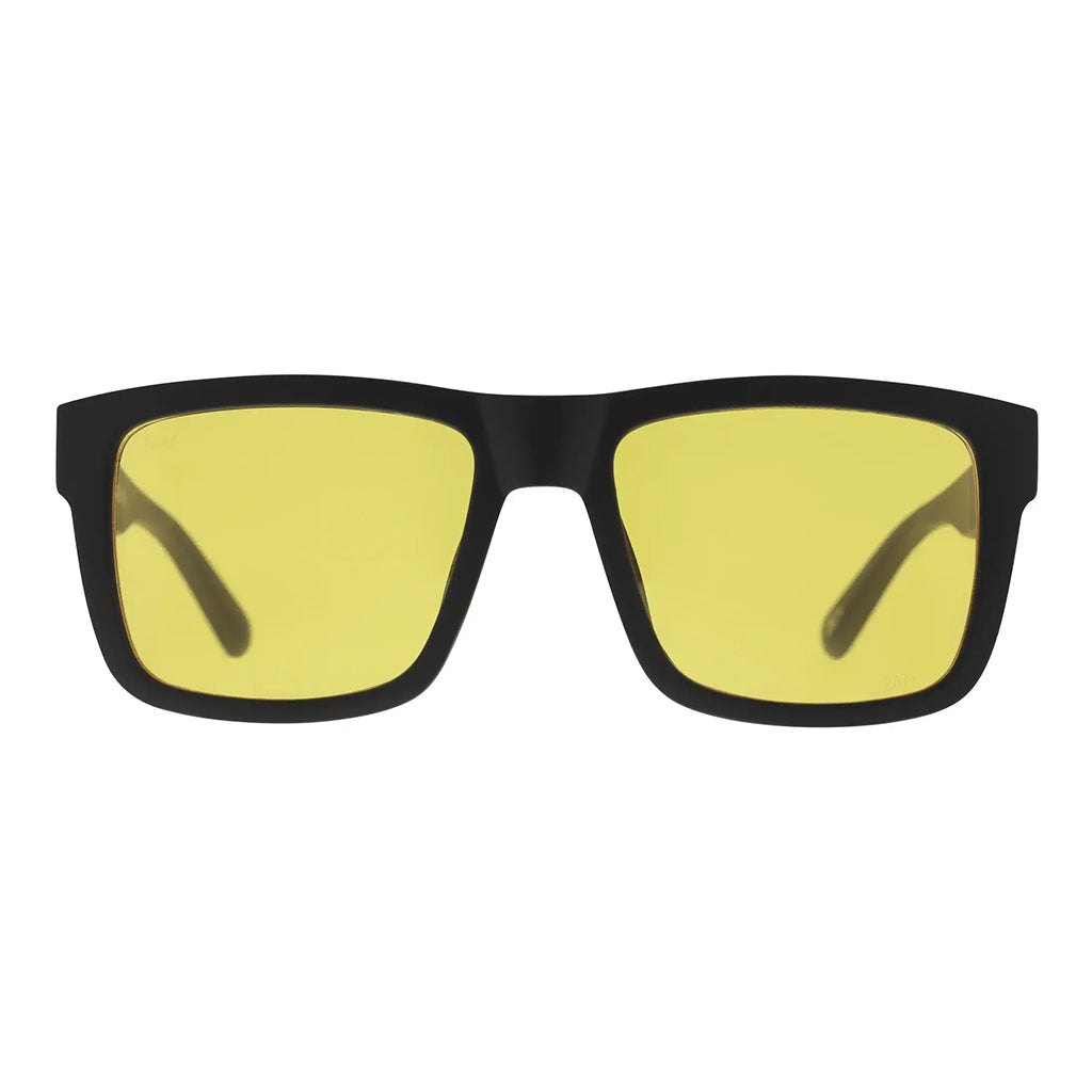 Sunglasses with yellow lenses and black frame on a white background