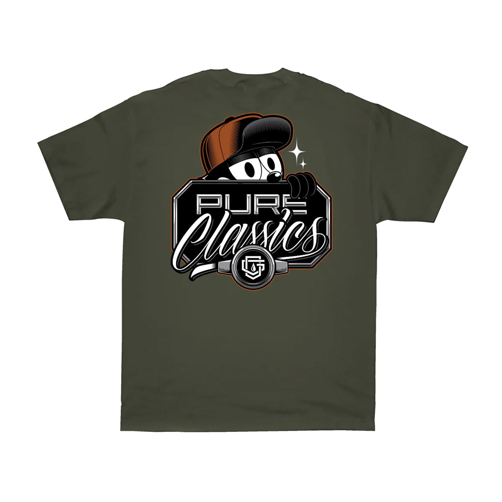 Green t-shirt with 'Pure Classics' logo on a white background