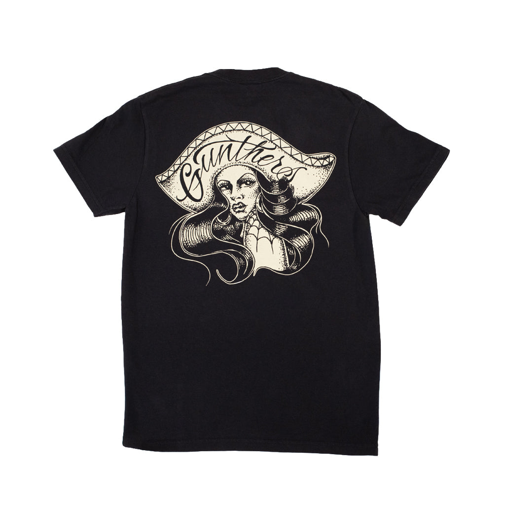 Black t-shirt with a graphic design of a woman in a hat and 'Gunther' text on the back, on a white background.