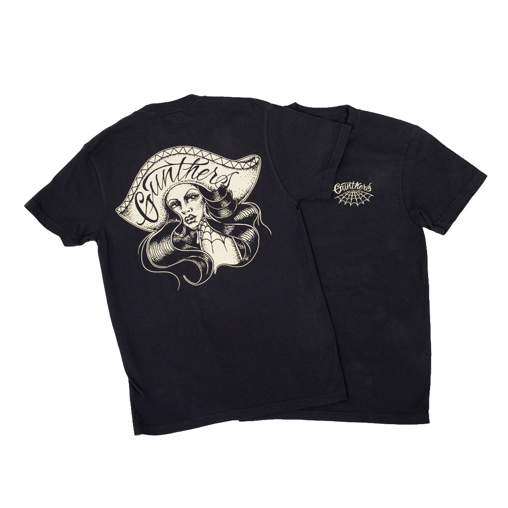 Black t-shirt with a graphic design on the front and back, featuring a woman's face and text.