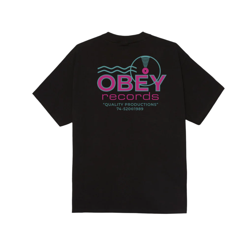 Black crew neck t-shirt with 'OBYE records' graphic print in pink and green on the front and back.