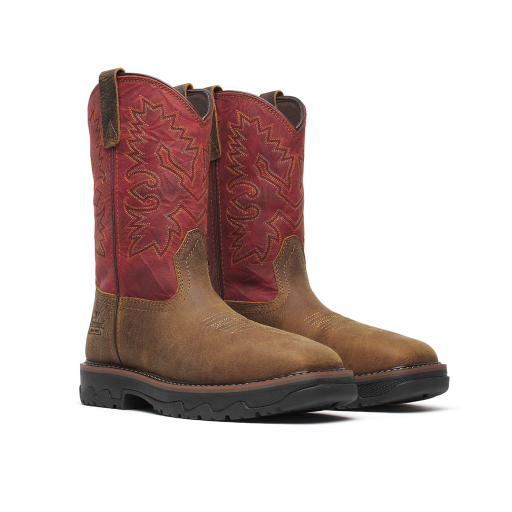 Thorogood work boots in a cowboy style with red stitching on a white background