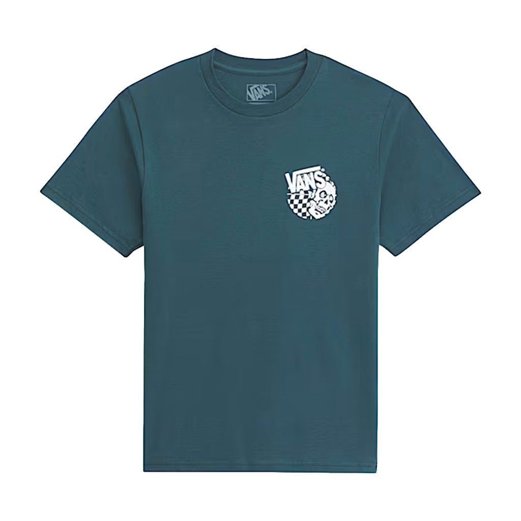 Teal t-shirt with a small logo on a white background
