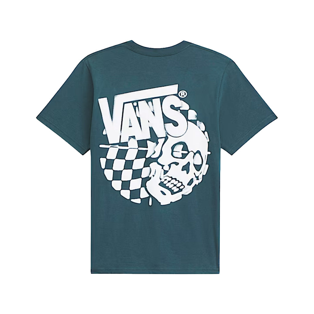 Teal t-shirt with white Vans logo and skull design on a white background