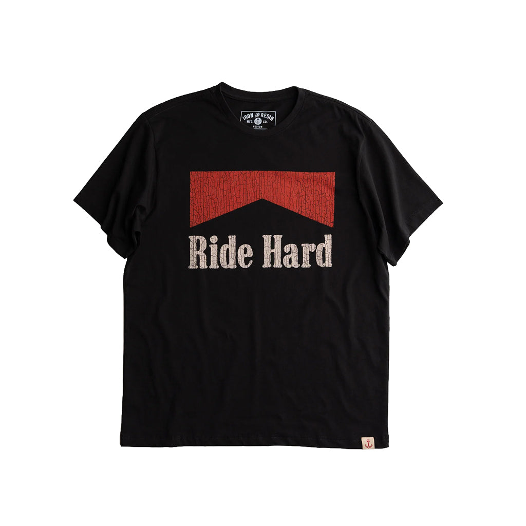 Black t-shirt with red and white graphic design on a white background