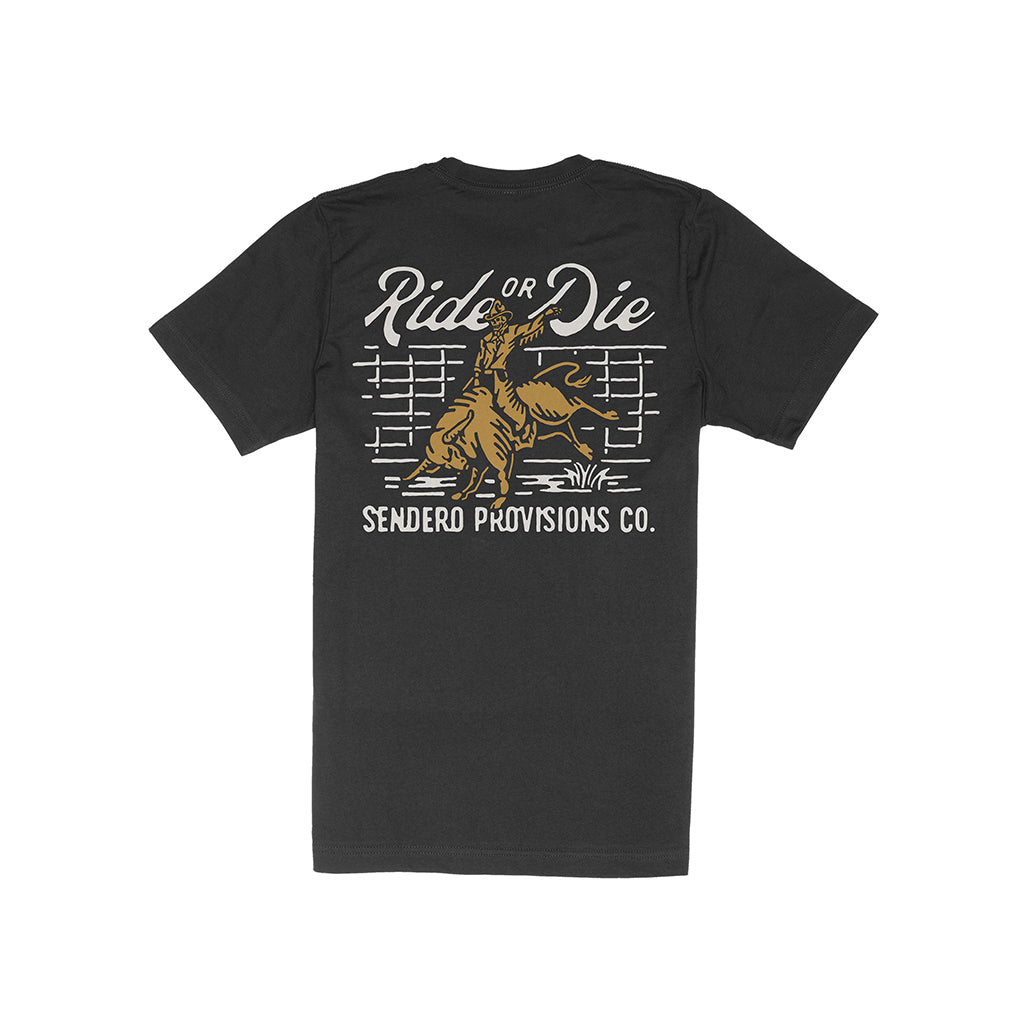 Black t-shirt with graphic design and text on a white background