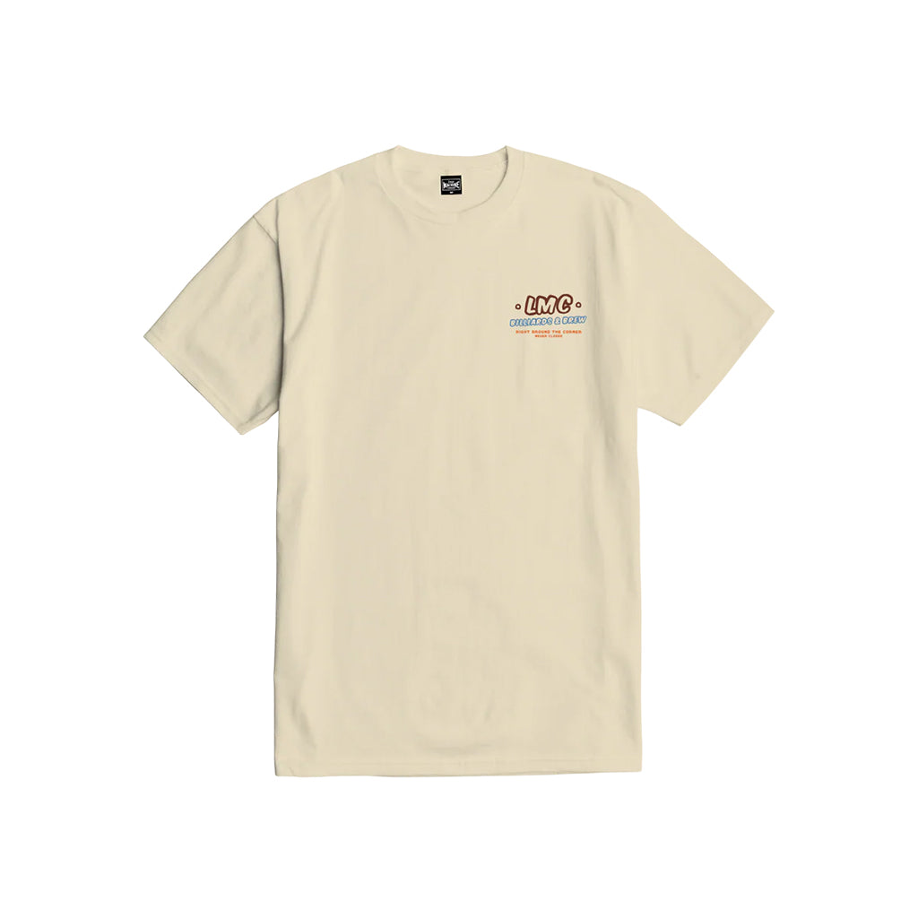 Beige t-shirt with a logo on the chest against a white background