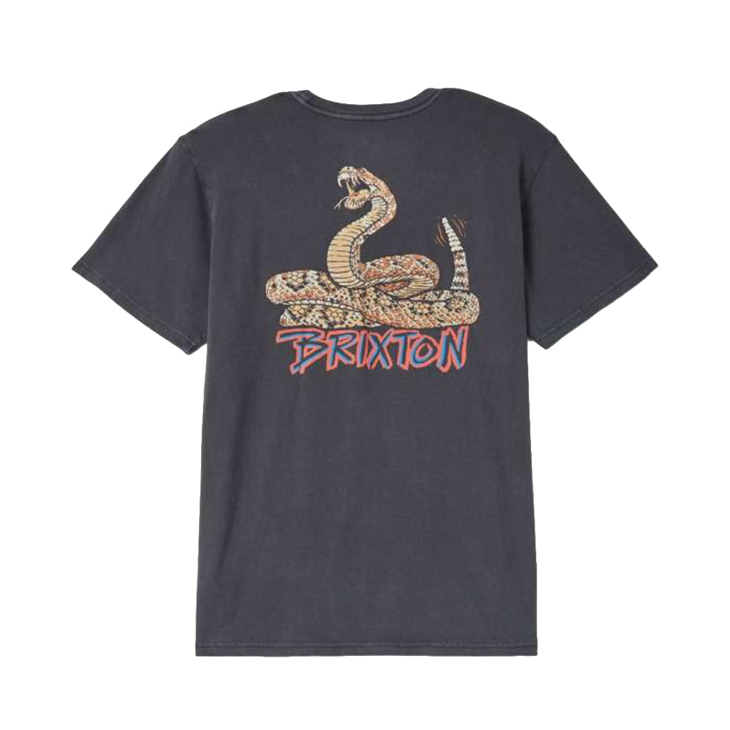 Black t-shirt with a snake graphic and 'Brixton' branding on a white background