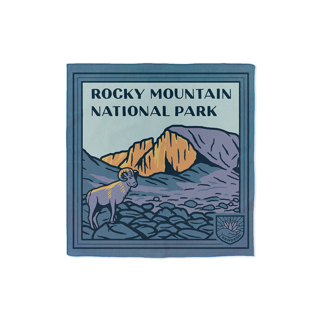 Rocky Mountain National Park patch with mountain and goat illustration on a blue background