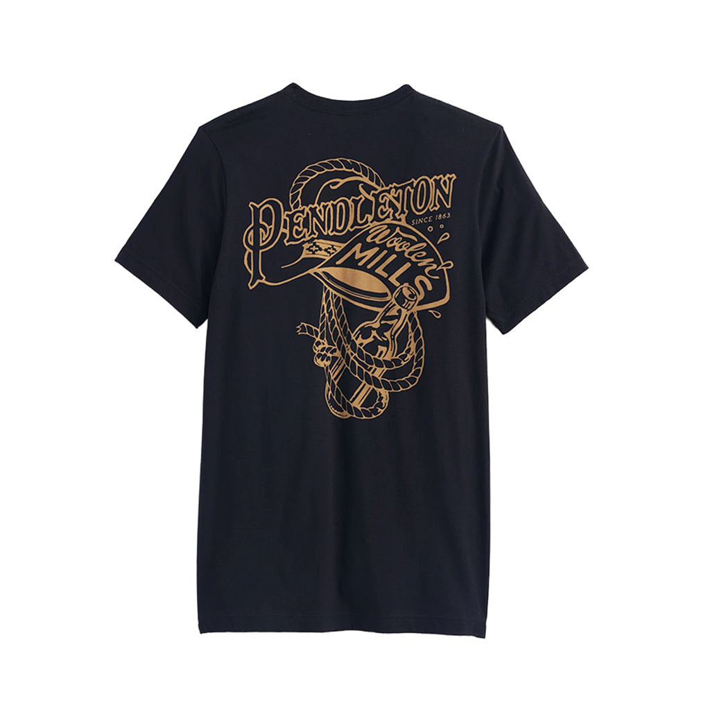 Black t-shirt with gold graphic design on a white background