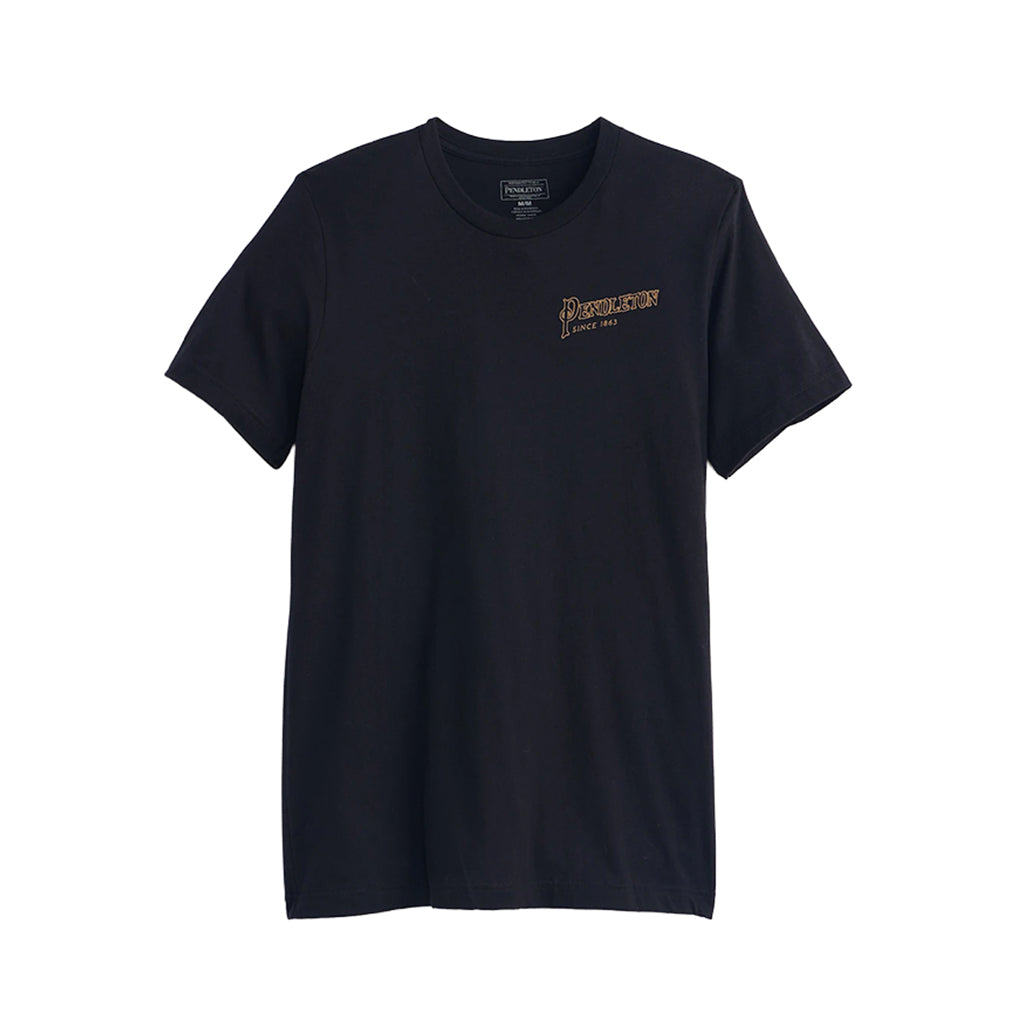 Black t-shirt with a logo on the chest against a white background