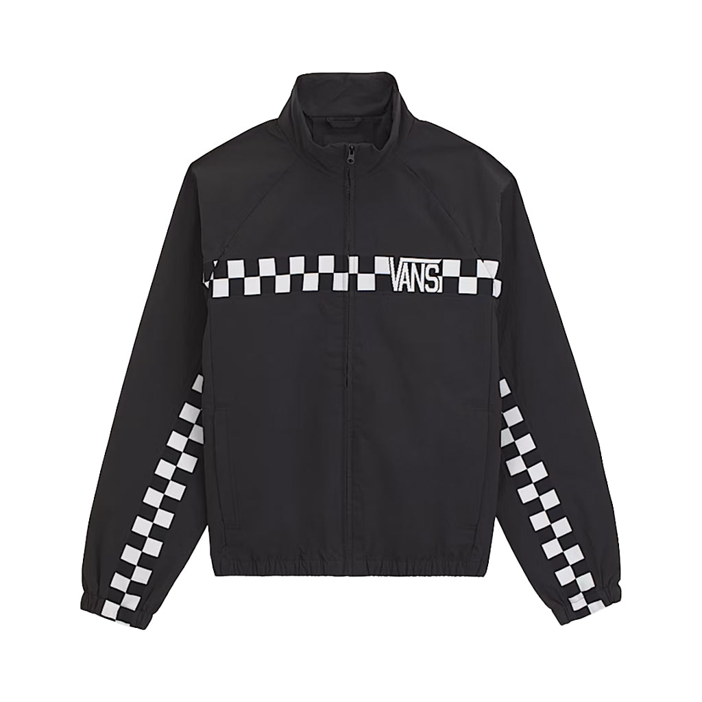 Black jacket with checkered sleeves and Vans logo on a white background