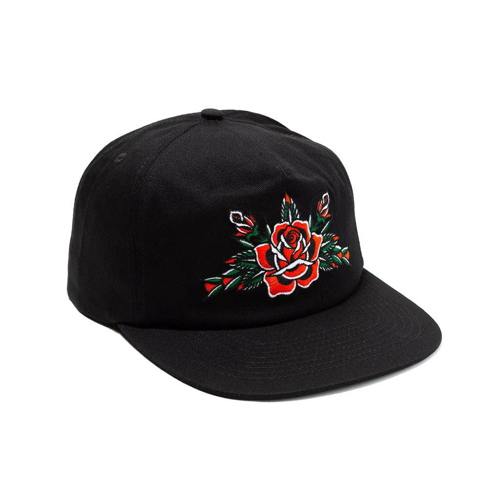 Black cap with a red rose embroidery on a white background