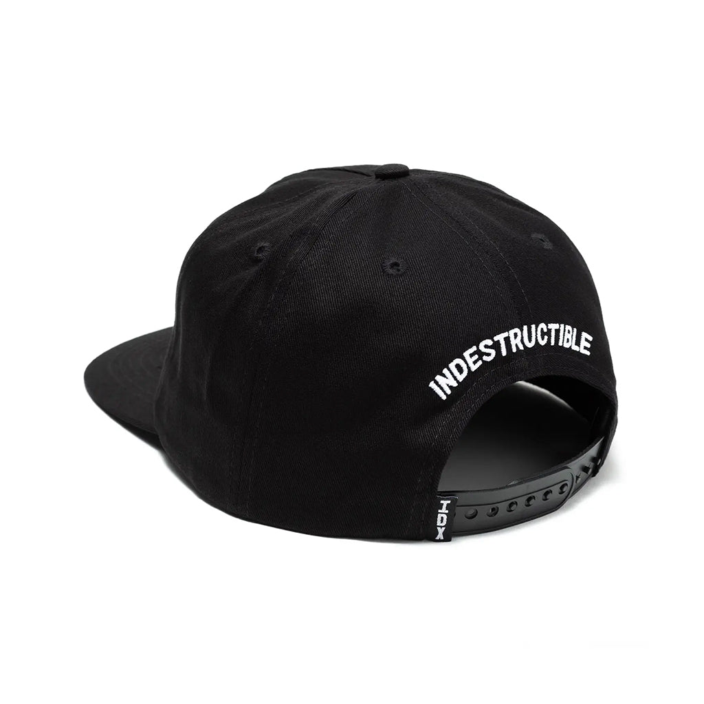 Black cap with 'INDESTRUCTIBLE' text on a white background