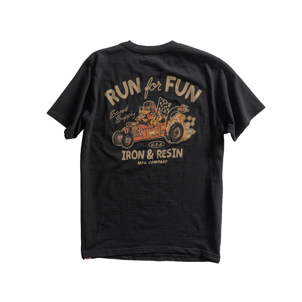 Black t-shirt with a graphic design and text on the back, displayed against a white background.