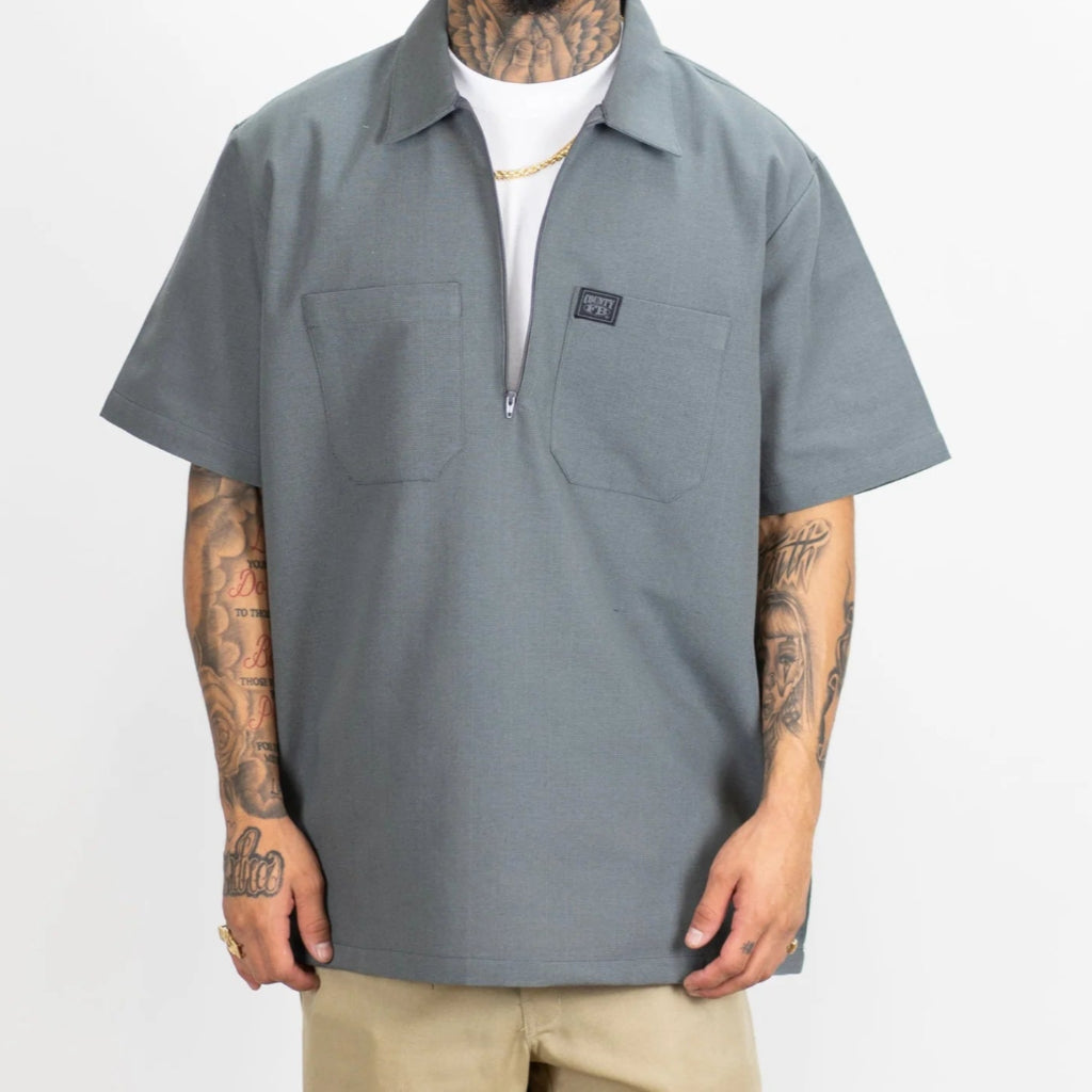 Short Sleeve Checker Zip Shirt Grey