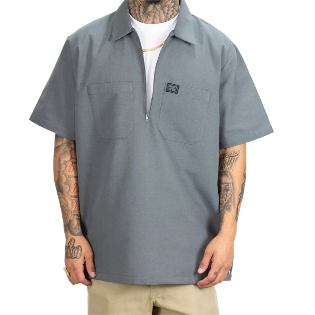 Short Sleeve Checker Zip Shirt Grey