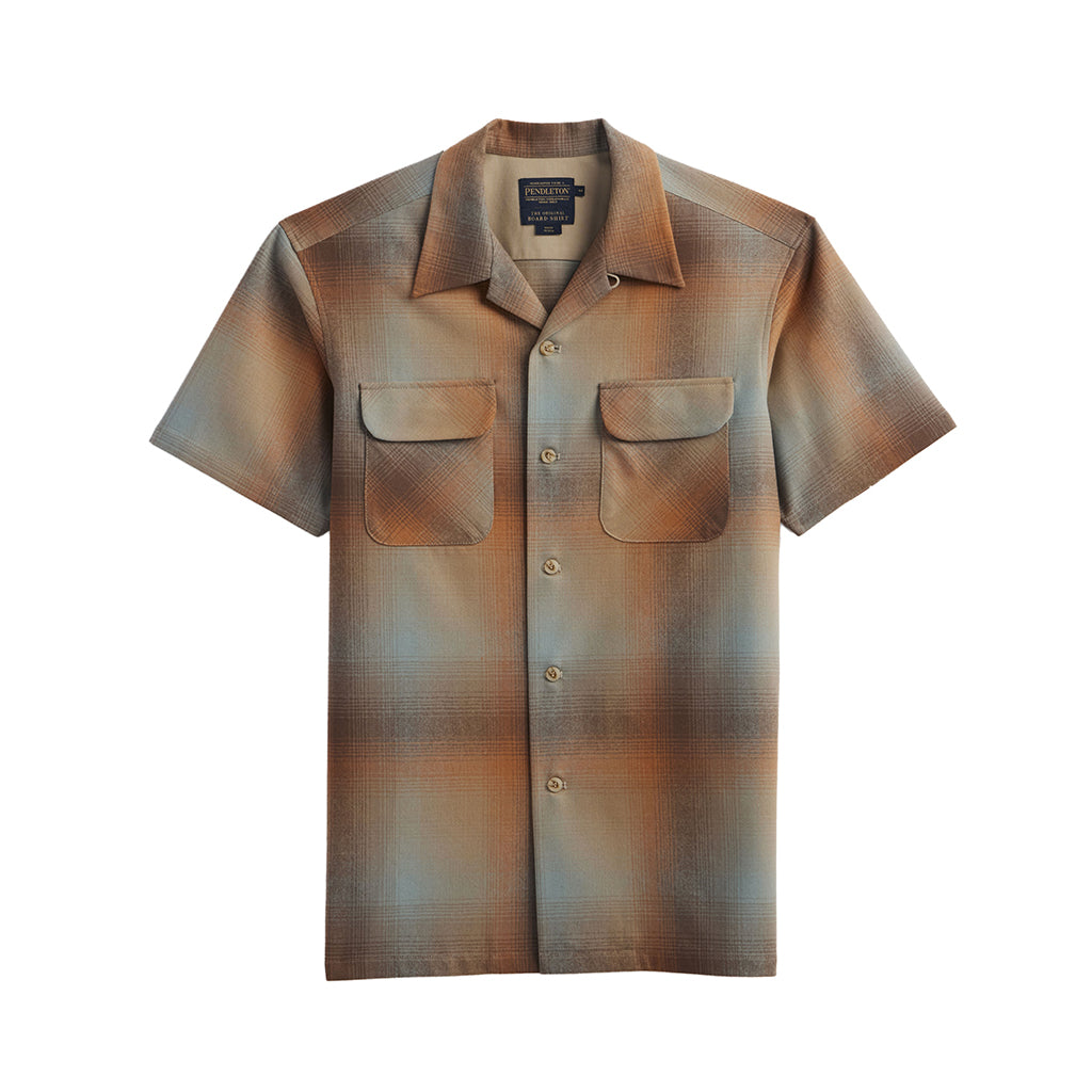 Brown plaid shirt with short sleeves on a white background