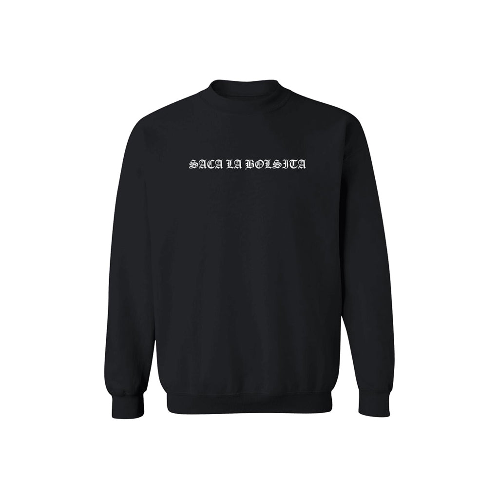 Black sweatshirt with white text on a white background