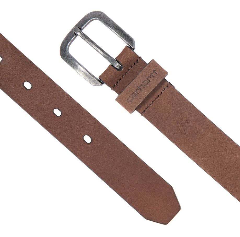 Brown leather belt with silver buckle on a white background