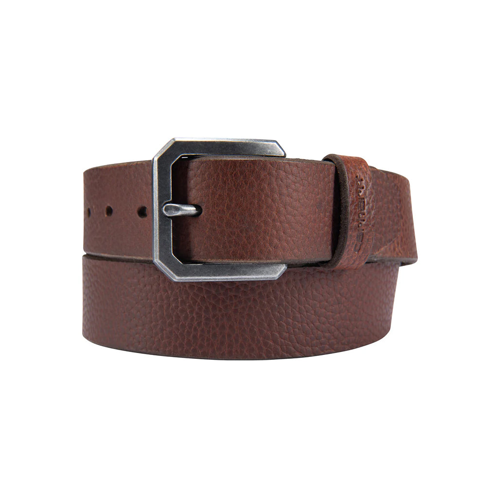 Brown leather belt with a silver buckle on a white background