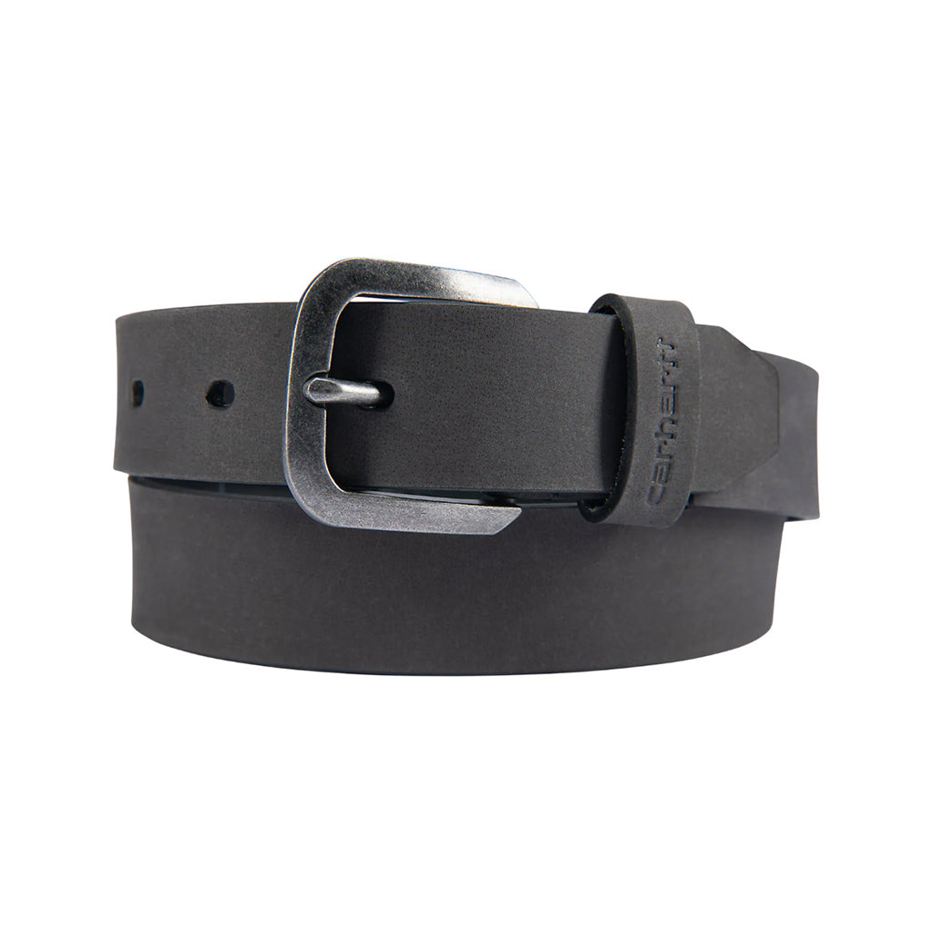 Black leather belt with silver buckle on a white background