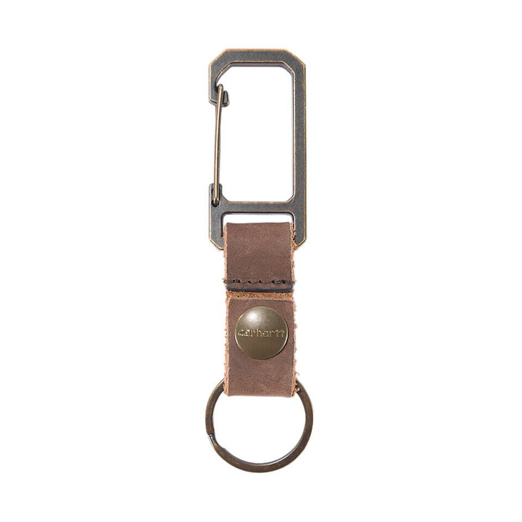 Brown leather keychain with carabiner on a white background