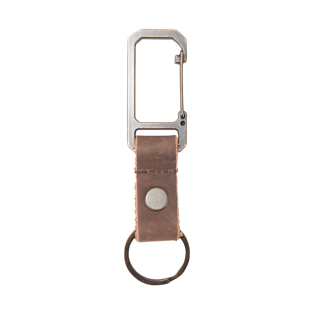 Keychain with leather strap and metal carabiner on a white background