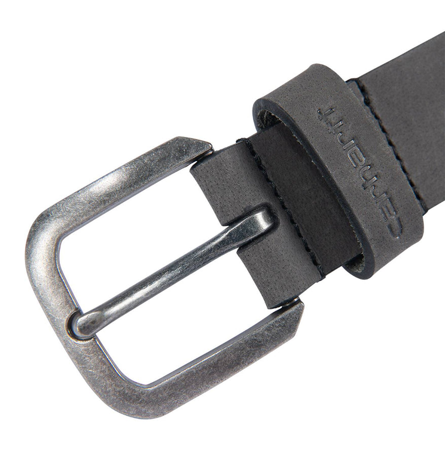Black leather belt with silver buckle on a white background