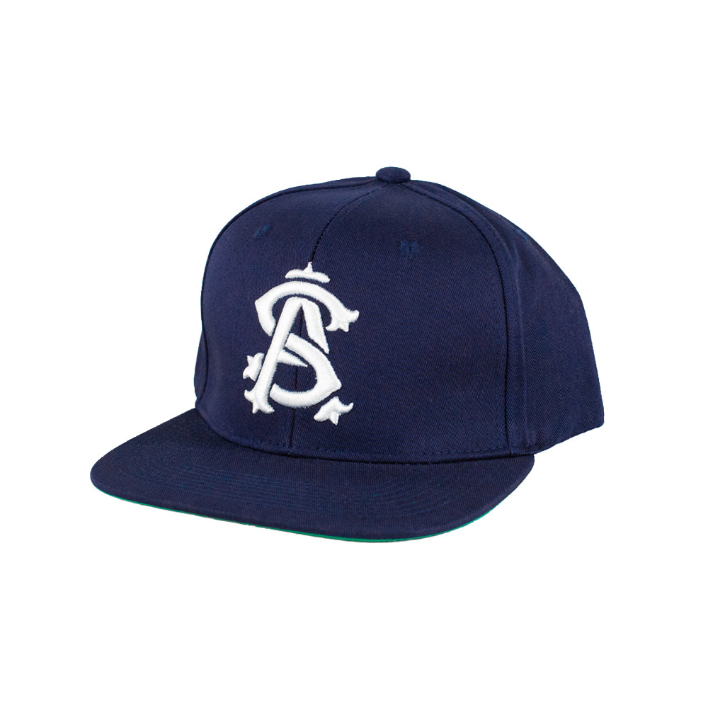 Navy blue cap with a white logo on a white background