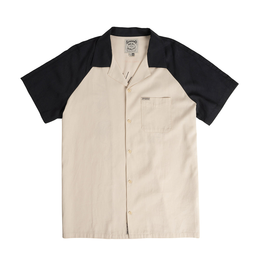 Beige and black short-sleeve shirt on a white background