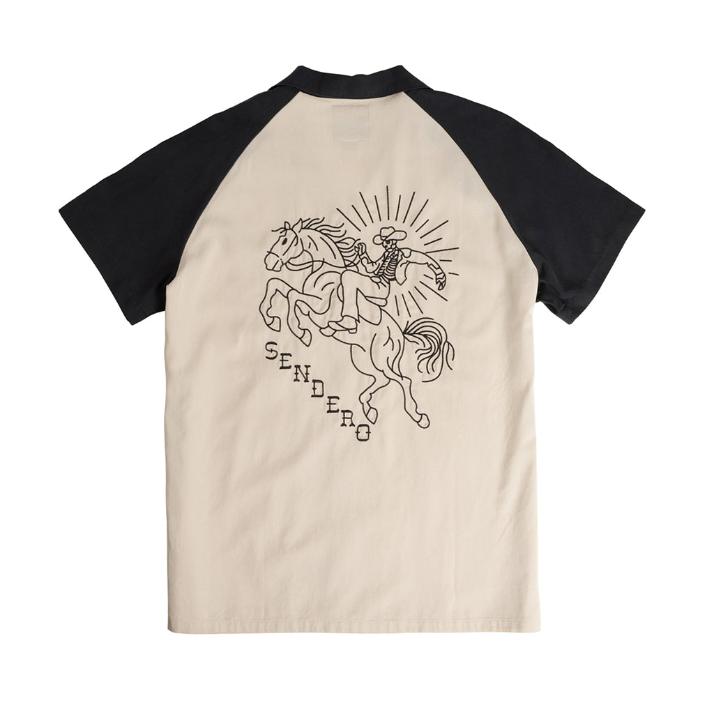 Baseball t-shirt with a horse and rider graphic on a beige and black background